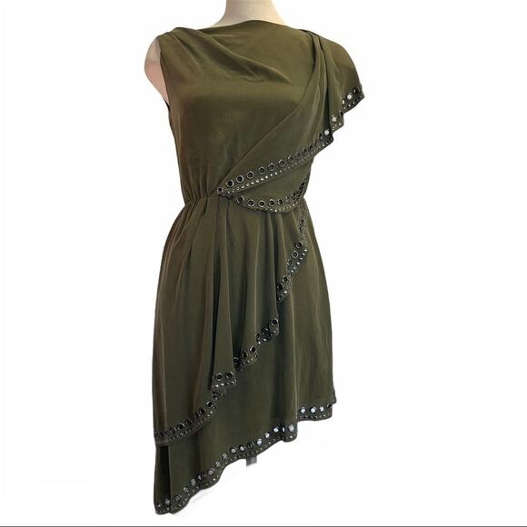 HAUTE Hippie Military green grommets silk dress Sz XS - Picture 2 of 14